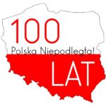biało-czerwony kontur terytorium Polski, napis 100 lat Polska niepodległa!