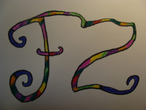 Praca przedstawia dwie połączone litery "F" z "Z". Litery ozdobione są skośnymi kolorowymi pasami.