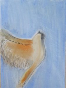 Milena Borowiec kl. 7b - autorka przedstawia w swojej pracy delikatne ruchy skrzydełka zawieszonego w powietrzu ptaka