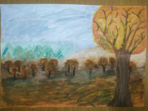 Łucja Gąsiorkiewicz kl. 6b- "Jesień" - praca przedstawia nastrojowy krajobraz z drzewami