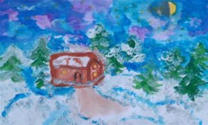 Maryna Shvets kl. 6a - "Zima" - praca przedstawia kilka domków w otoczeniu ciemnych drzew i zaśnieżonych, niemal białych pól