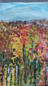 Julia Grabowska kl. 6b - "Jesień" - praca przedstawia liściaste brzozy na tle nieba