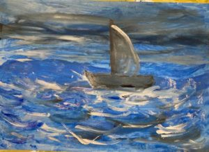 Malwina Lewandowska kl. 5a - praca przedstawia zburzone morze z trzema żagielkami