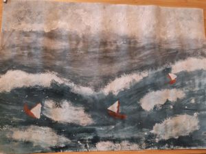 Zosia Zawistowska kl. 5a - praca przedstawia zburzone morze z piętrzącymi się falami