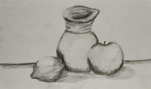 Praca przedstawia kompozycję trzech brył (od lewej; cytrynę, wazon, jabłko). Trójwymiarowość brył uwypukla nałożony miękki modelunek światłocieniowy.