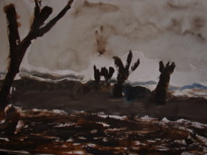 Praca przedstawia krajobraz z drzewami i polami w szacie pochmurnej, deszczowej pogody. Po lewej stronie na pierwszym planie stoi samotne drzewo a po prawej, na dalszych planach cztery podobne drzewa.