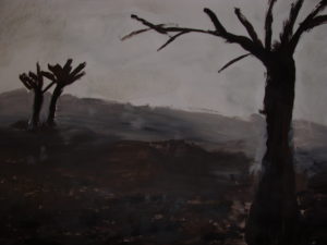 Praca przedstawia krajobraz z drzewami i polami w szacie pochmurnej, deszczowej pogody. Po prawej stronie, na pierwszym planie stoi samotne drzewo a po prawej na dalszym planie dwa kolejne drzewa.