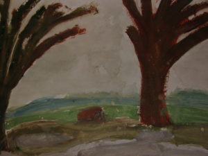 Praca przedstawia krajobraz z drzewami i polami w szacie pochmurnej, deszczowej pogody. Po lewej stronie na pierwszym planie stoi samotne drzewo, na środku znajduje się samotny domek a po prawej, na pierwszym planie znajduje się znowu drzewo.