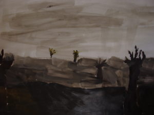 Praca przedstawia krajobraz z drzewami i polami w szacie pochmurnej, deszczowej pogody. Po prawej i lewej stronie na pierwszym planie stronie, stoją dwa samotne drzewa a na dalszych planach trzy kolejne drzewa.