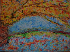 Praca przedstawia krajobraz z rozłożystym po lewej stronie drzewem na tle błękitu nieba. Całość namalowane jest miękką, drobną plamą malarską.