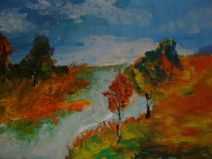 Praca przedstawia krajobraz jesienny. Po prawej i lewej stronie rozstawione drzewa. Centralną część widoku zajmuje płynąca rzeczka. Całość namalowana jest zdecydowaną, miękką plamą malarską.