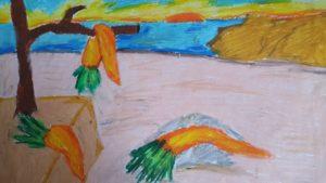 Praca przedstawia - na pierwszym planie, centralnie - na głazie lejącą się marchewkę, po lewej suche drzewo z marchewkami - wszystko w scenerii plaży z morzem na horyzoncie.