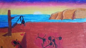 Praca przedstawia - na pierwszym planie, centralnie - nieznane postacie, po lewej suche drzewo - wszystko w scenerii plaży z morzem na horyzoncie.