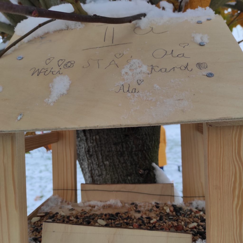  Drewniany karmnik, na daszku kilka imion dzieci oraz napis: klasa IIa, wewnątrz ziarna dla ptaków. 