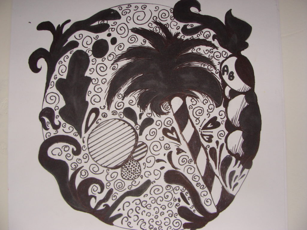 Praca przedstawia kompozycję abstrakcyjnych linii i plam wykonanych w formie rysunku czarną kreską, mazakiem. W centralnej części można rozpoznać zarys palmy