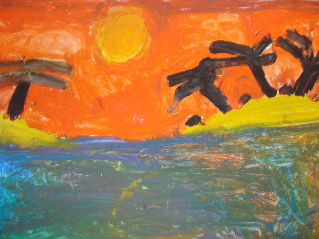 Praca przedstawia widok na morze. Na pierwszym planie tafla niebieskiego morza. Na horyzoncie dwie wyspy po obydwóch stronach z czarnymi palmami. Na niebie żółto-pomarańczowe zachodzące słońce
