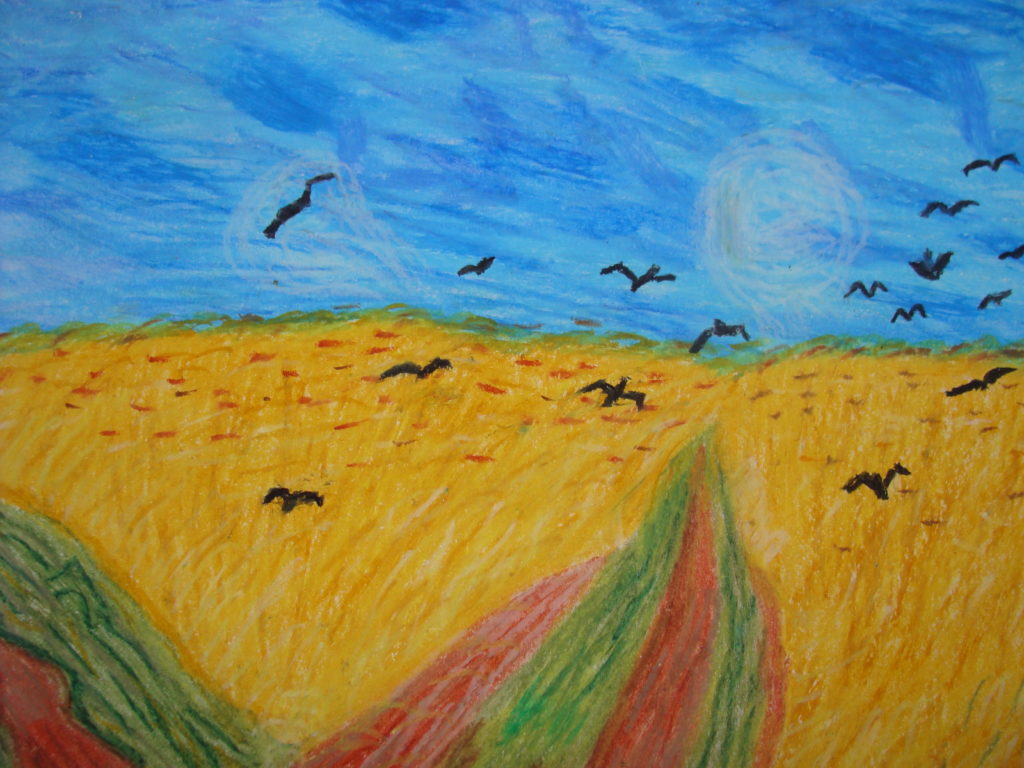 Praca przedstawia wijącą się drogę po horyzont w polu żółtej pszenicy. Na niebieskim niebie fruwają czarne ptaki