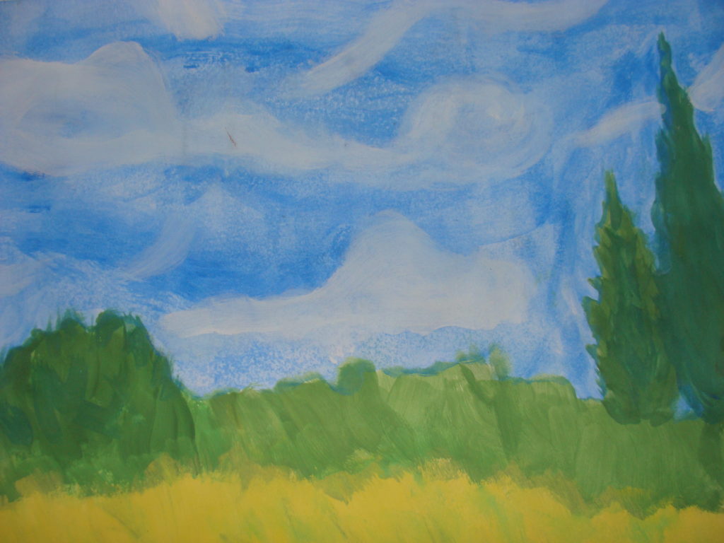 Praca przedstawia na pierwszym planie żółte pole pszenicy, na drugim zielone krzewy oraz po prawej stronie dwa cyprysy. Nad zieloną ziemią roztacza się niebieskie niebo z białymi obłokami