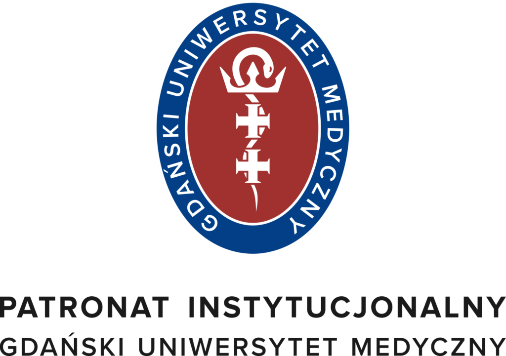 W owalu na czerwonym tle logo GUMed, w koło na niebieskim pasku napis GDAŃSKI UNIWERSYTET MEDYCZNY.