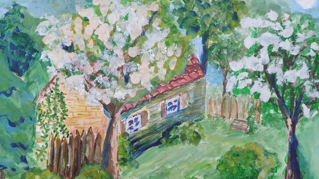 "Domek z kwitnącą wiosną" - praca przedstawia; na pierwszym planie dwa ogromne, kwitnące białym kwieciem drzewa. Za jednym z nich wyłania się drewniany domek z płotkami. W tle zieleń oddalonych drzew