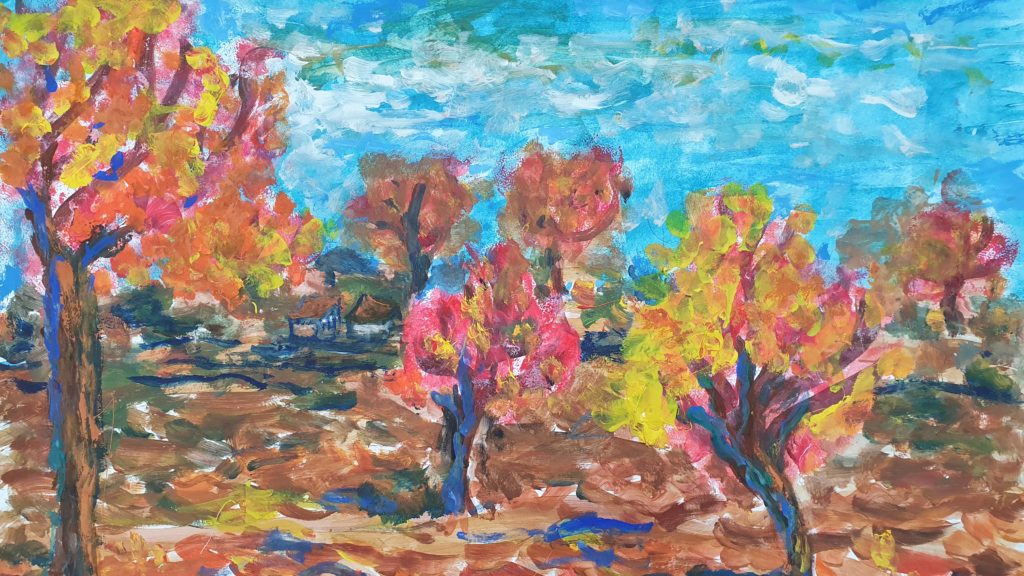 "Krajobraz jesienny" - praca przedstawia polanę z drzewami. Na kolejnym planie można dojrzeć małe domki. Całość namalowana została w kolorystyce ciepłych barw jesiennych