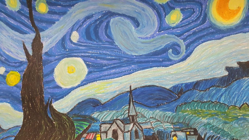 "Gwiaździsta noc" - kopia dzieła Wincentego van Gogha - praca przedstawia na pierwszym planie ogromny cyprys z kolorowymi budynkami miasteczka. Po prawej stronie zielono-granatowe pola i góry. Na niebie wijące się fale a po prawej stronie dominuje żółto-pomarańczowy księżyc