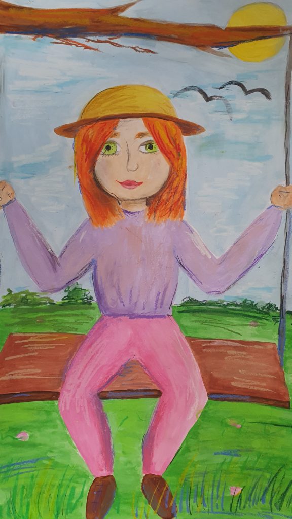 "Dziewczynka na huśtawce" - praca przedstawia dziewczynkę w żółtym kapelusiki huśtającą się na drewnianej huśtawce. Nad głową gałąź drzewa