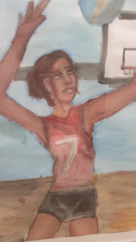 "Siatkarka" - praca przedstawia dziewczynę w sali gimnastycznej. Dziewczyna uderza ręką w lecącą piłkę. W tle widać fragment tablicy z koszem