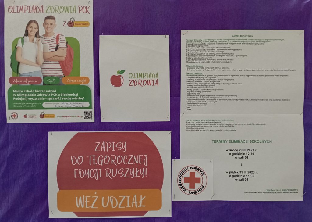Na fioletowym tle plakat Ogólnopolskiej Olimpiady Zdrowia PCK z zakresem tematycznym i terminami szkolnych eliminacji