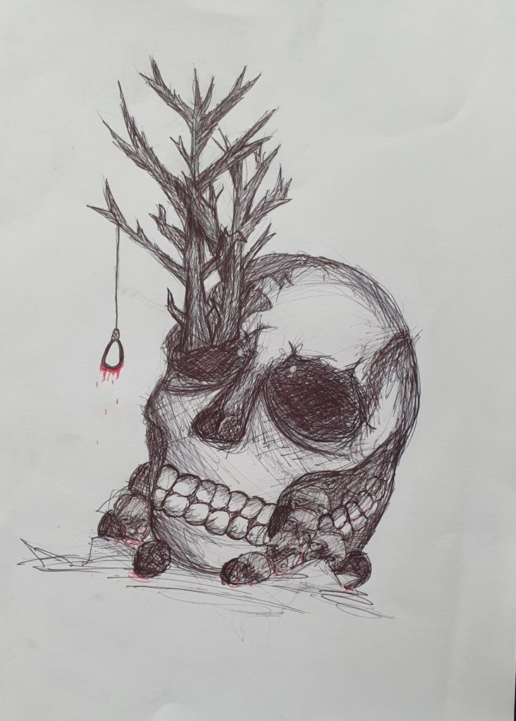 Rysunek przedstawia nierealną postać drzewa wyrastającego z oczodołu leżącej czaszki