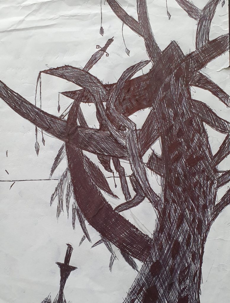 Rysunek przedstawia nierealną postać drzewa z ostro zakończonymi konarami