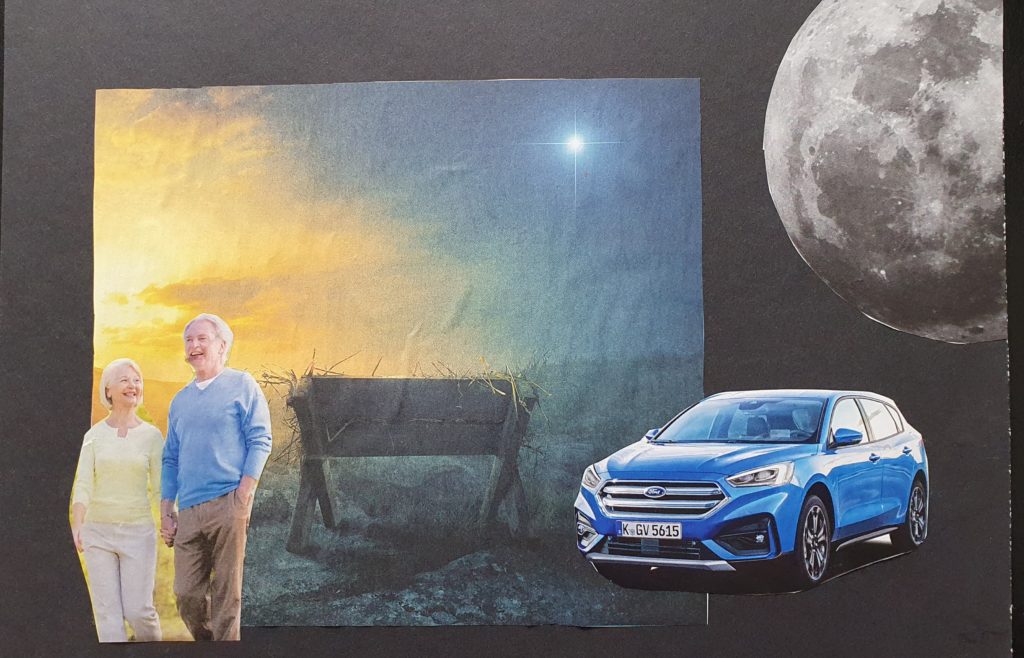 Praca przedstawia nierealną wizję. Na pierwszym planie po lewej stronie kobieta z mężczyzną a po prawej samochód. nad autem ogromna szara planeta. Z tyłu za postaciami ławeczka z mglistym niebem