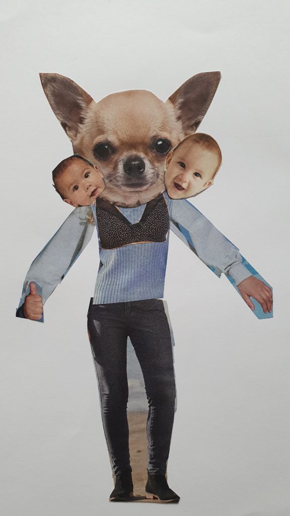 Praca przedstawia nierealną wizję postaci przypominającej człowieka z dużą głową psa i po bokach z małymi dziecięcymi główkami