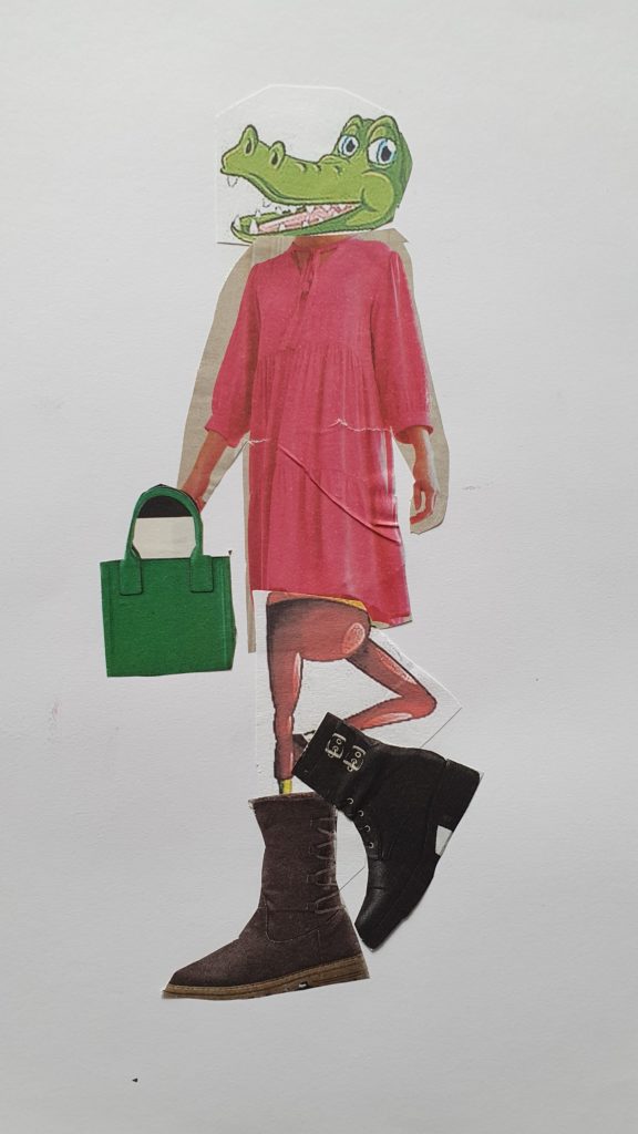 Praca przedstawia nierealną wizję postaci przypominającej dziewczynę z głową krokodyla. W dłoni trzyma zieloną torebkę