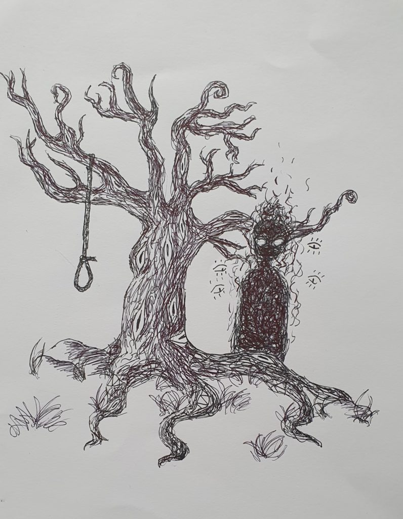 Rysunek przedstawia nierealną wizję drzewa. Na pierwszym planie rysunek drzewa z wystającymi korzeniami, po lewej stronie zwisający sznur z gałęzi a po prawej za drzewem czarne zarysy postaci