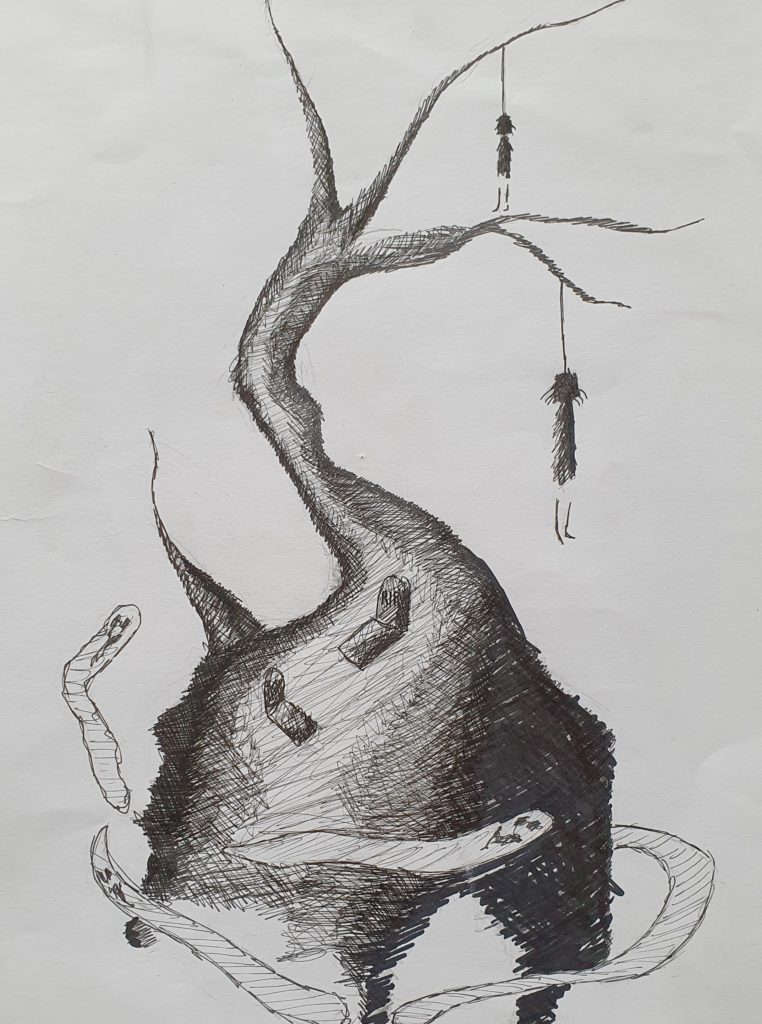 Rysunek przedstawia nierealną postać drzewa z korzeniami i konarami