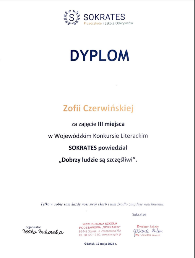 Dyplom dla Zofii Czerwińskiej za zajęcie III miejsca w Wojewódzkim Konkursie Literackim