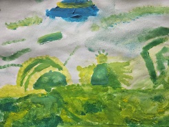 Praca o tematyce fantastycznej przedstawia zieloną planetę z trzema obiektami przypominającymi pojazdy kosmiczne i ufoludki
