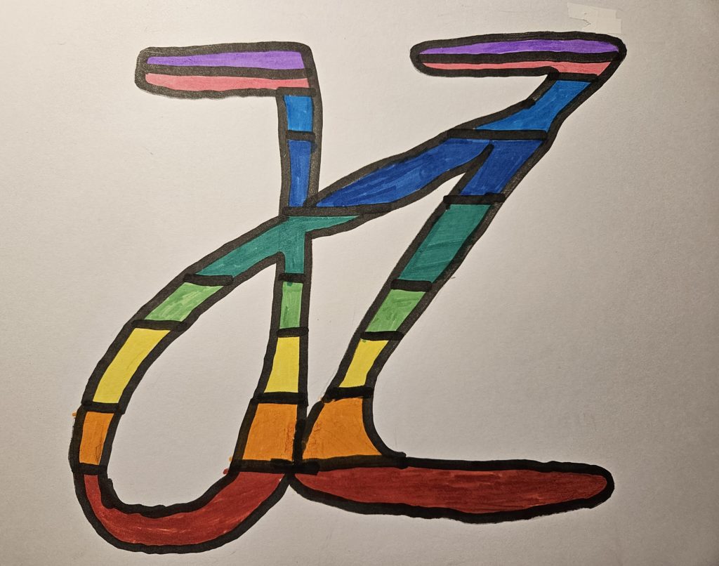 Praca przedstawia dwie połączone z sobą literki j i Z