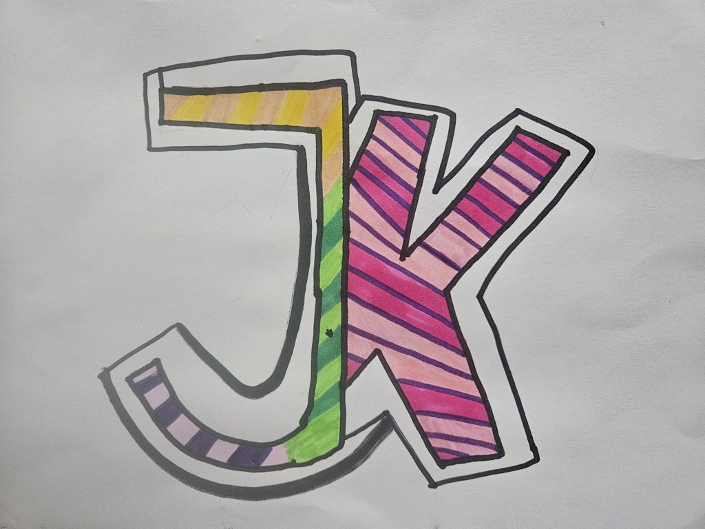 Praca przedstawia dwie połączone z sobą literki J i K