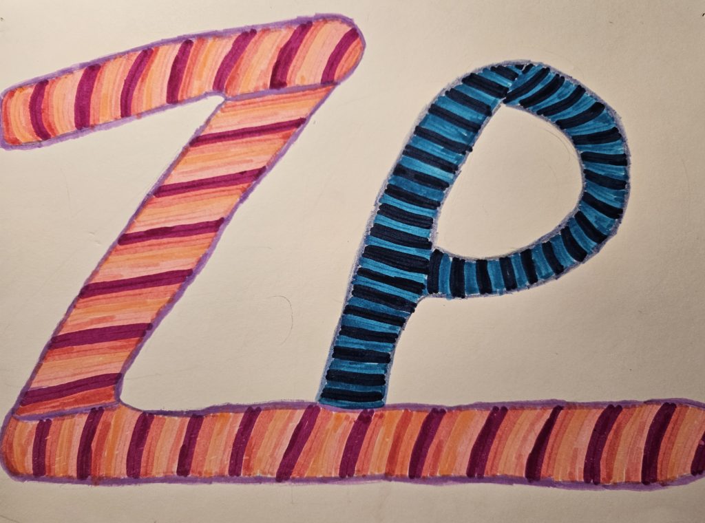 Praca przedstawia dwie połączone literki Z i P