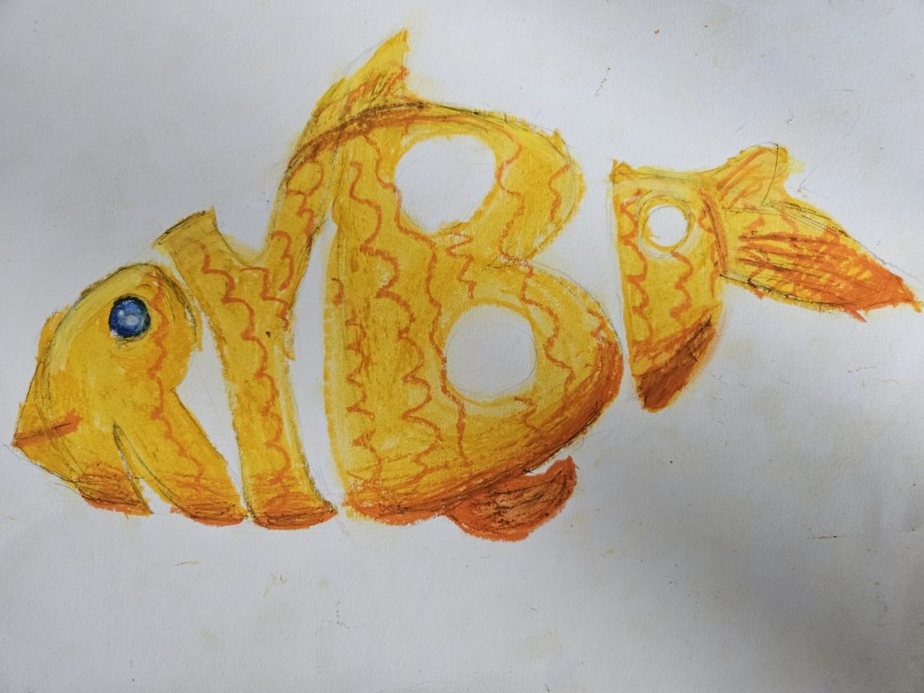 Praca przedstawia artystycznie narysowany wyraz przedstawiający kształtem i barwą rybę