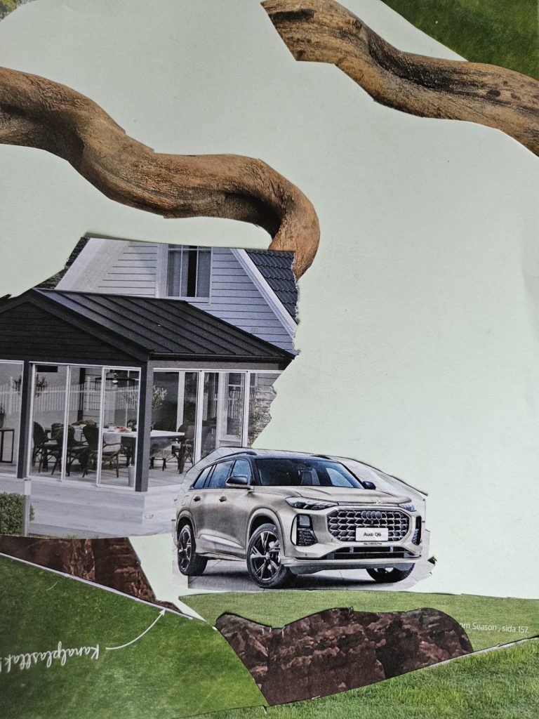 Praca przedstawia wizję domu przed którym stoi szary samochód. Po prawej stronie w górnej części - fragmenty gałęzi