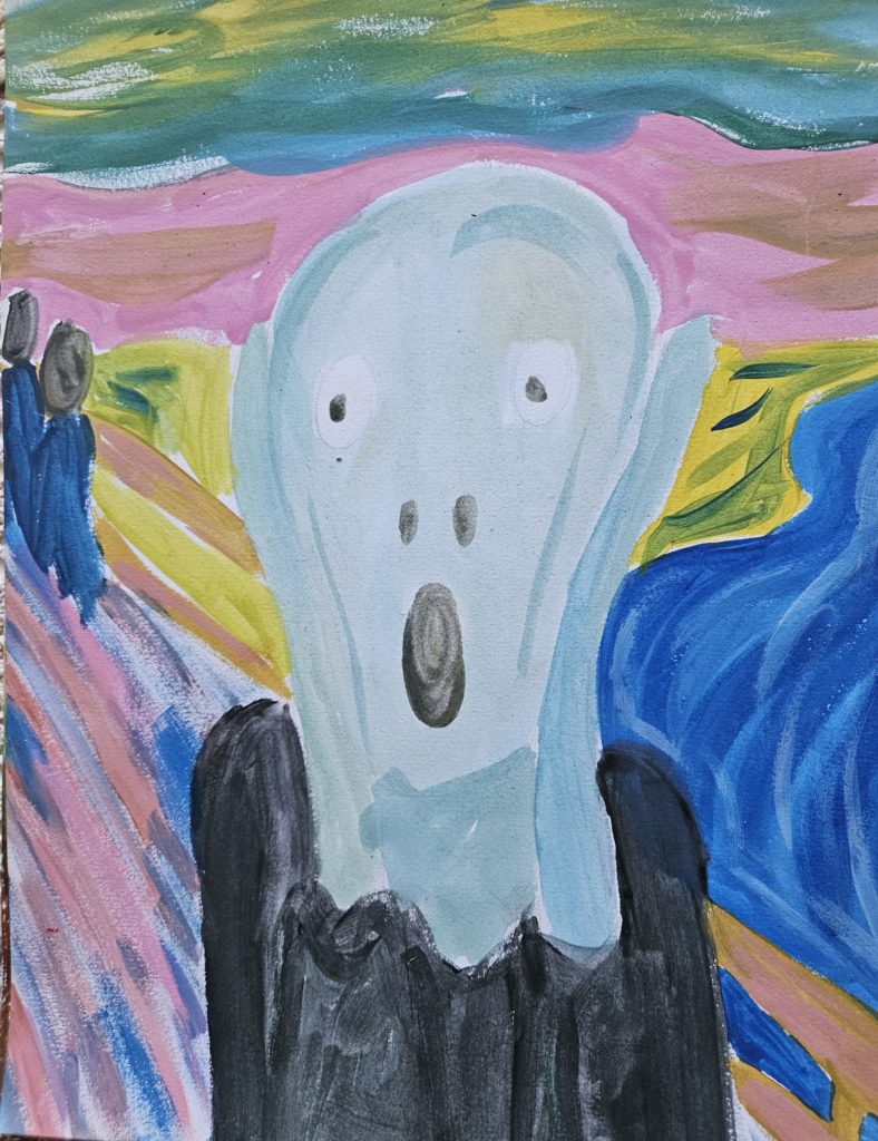 Praca przedstawia zinterpretowany obraz „Krzyk” Muncha, na którym widzimy na pierwszym planie symboliczną, zniekształconą postać człowieka znajdującego się na pomoście. W głębi obrazu zarys morza i wielokolorowego nieba
