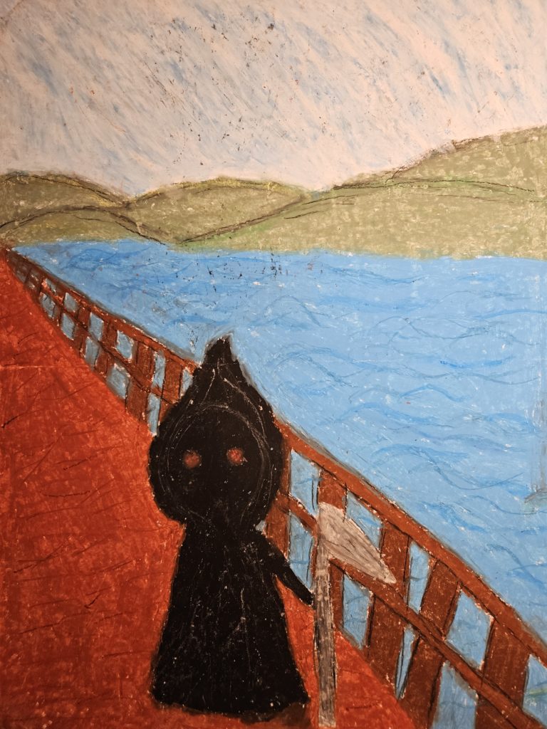 Praca przedstawia zinterpretowany obraz „Krzyk” Muncha, na którym widzimy na pierwszym planie symboliczną, zniekształconą postać człowieka znajdującego się na pomoście. W głębi obrazu zarys morza, gór i nieba