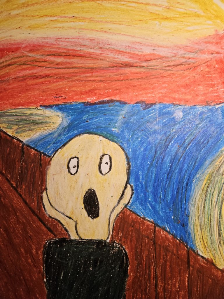 Praca przedstawia zinterpretowany obraz „Krzyk” Muncha, na którym widzimy na pierwszym planie symboliczną, zniekształconą postać człowieka znajdującego się na pomoście. W głębi obrazu zarys morza i wielokolorowego nieba