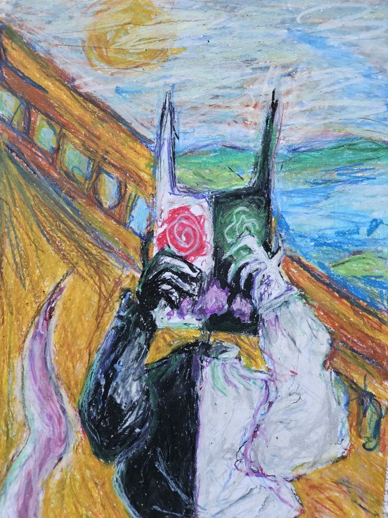 Praca przedstawia zinterpretowany obraz „Krzyk” Muncha, na którym widzimy na pierwszym planie symboliczną, zniekształconą postać człowieka znajdującego się na pomoście. W głębi obrazu zarys morza i nieba