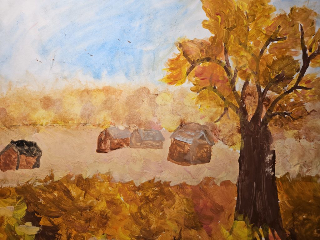 Praca przedstawia krajobraz jesienny Po lewej i prawej stronie pola z drzewami