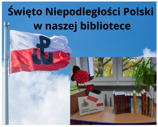 Plakat przedstawia zdjęcie wnętrza biblioteki ze zgromadzonym na blacie regału bibliotecznego księgozbiorem o tematyce historycznej. Na zdjęciu obok zgromadzonego księgozbioru znajduje się ozdobna gałąź z liśćmi i czerwonymi różami oraz kartka papieru z wizerunkiem Generała Piłsudskiego, napis 105 rocznica Święta Niepodległości i dwie, skrzyżowane flagi polski. Zdjęcie umieszczone jest na tle nieba z białymi chmurami i powiewającej na maszcie flagi polskiej. Na fladze polski widnieje znak "Polska walcząca", którym jest czarna litera P osadzona na kotwicy. 