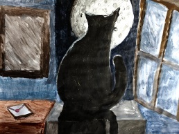 Praca przedstawia siedzącego kotka na stole patrzącego na księżyc przez otwarte okno